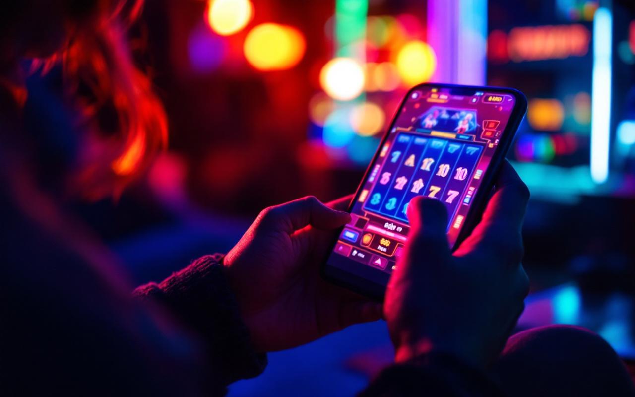 Un joueur tient un smartphone montrant une machine à sous rétro en graphismes 8 bits, éclairé par des néons cyan et magenta dans une pièce sombre au coucher du soleil, expression concentrée, style photo réaliste