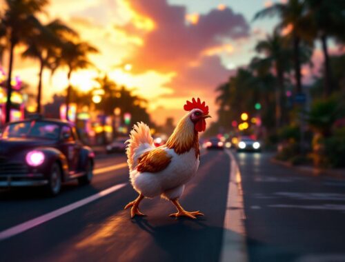 Une poule pixelisée traverse une route très fréquentée dans un décor de casino arcade, éclairée par des néons roses et dorés, avec des voitures floues et des rayons lumineux volumétriques.