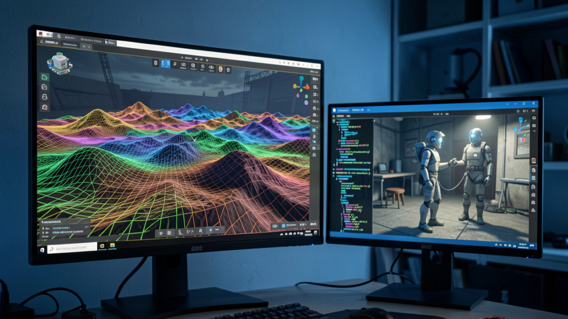 Illustration éditoriale d’un studio de jeu vidéo évaluant une agence IA, avec écrans montrant une vue 3D d’un moteur, des blocs abstraits évoquant du code et un personnage non-joueur dans une scène de test.