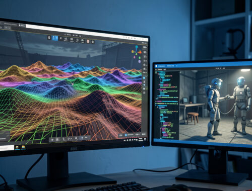 Illustration éditoriale d’un studio de jeu vidéo évaluant une agence IA, avec écrans montrant une vue 3D d’un moteur, des blocs abstraits évoquant du code et un personnage non-joueur dans une scène de test.