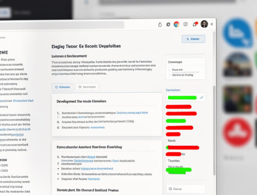 Illustration éditoriale réaliste montrant une page de type encyclopédie numérique sur un jeu vidéo, avec sections organisées, frise d’historique et surlignages de différences, arrière-plan flou d’icônes de contributeurs