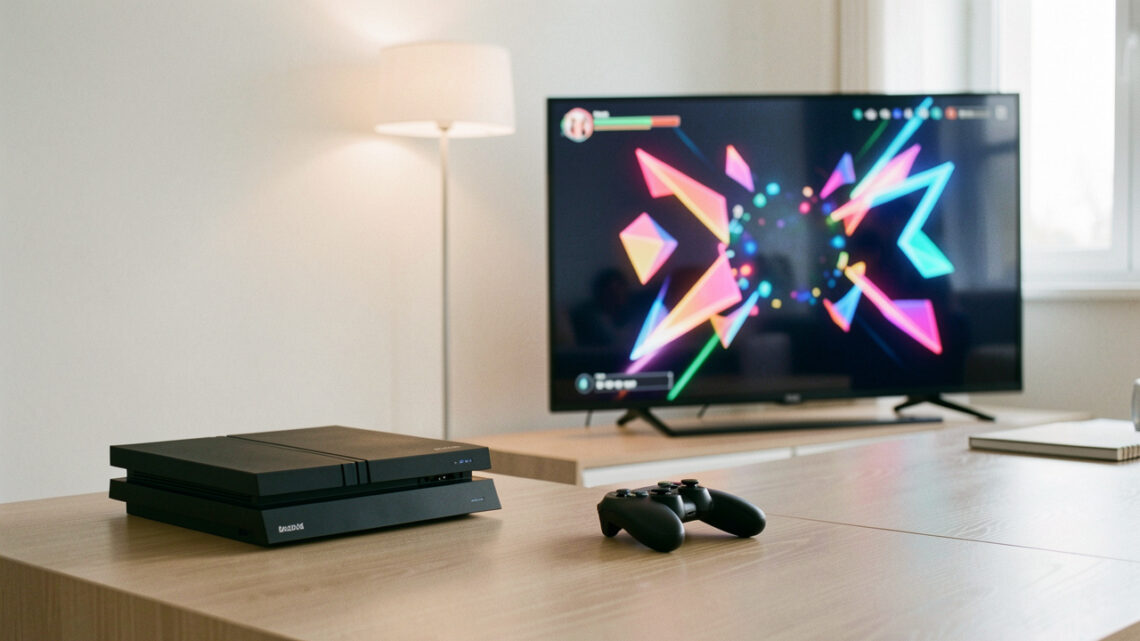 Console de jeu noire et manette sans fil posées près d’un grand écran dans un intérieur moderne éclairé par une lumière douce.
