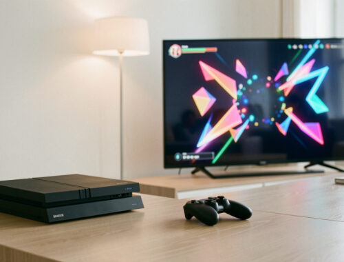 Console de jeu noire et manette sans fil posées près d’un grand écran dans un intérieur moderne éclairé par une lumière douce.