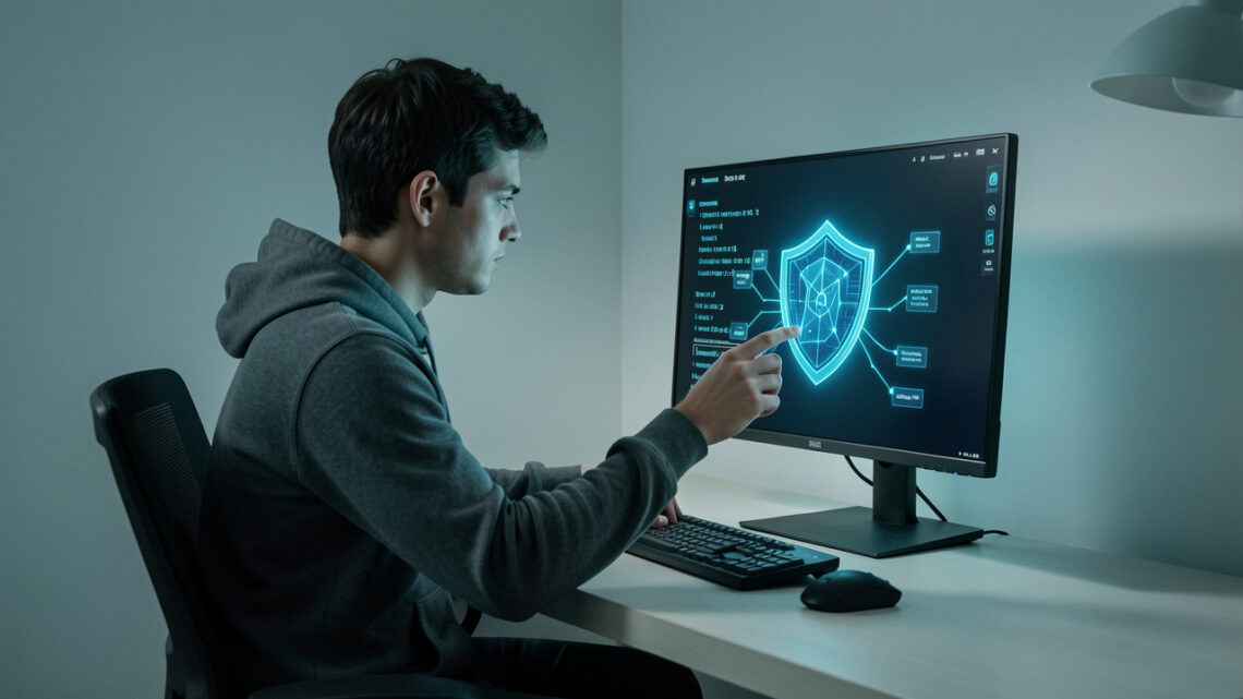 Jeune homme devant un ordinateur dans une pièce sobre, avec une interface abstraite de réseau et un bouclier lumineux symbolisant la cybersécurité.