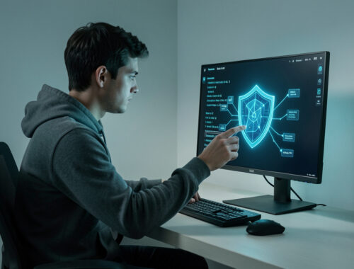 Jeune homme devant un ordinateur dans une pièce sobre, avec une interface abstraite de réseau et un bouclier lumineux symbolisant la cybersécurité.