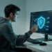 Jeune homme devant un ordinateur dans une pièce sobre, avec une interface abstraite de réseau et un bouclier lumineux symbolisant la cybersécurité.