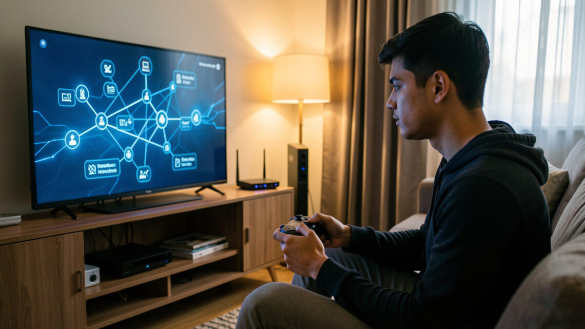 Jeune homme utilisant une console de jeu devant un téléviseur affichant des indicateurs abstraits de connexion réseau, avec une box Internet visible en arrière-plan.