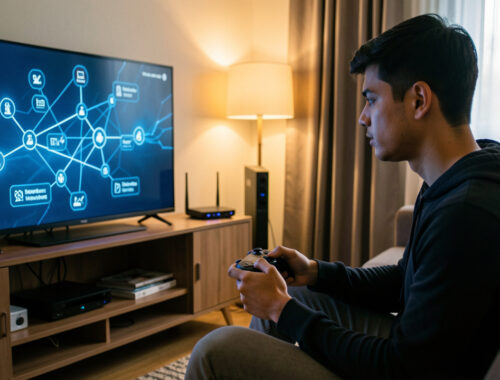 Jeune homme utilisant une console de jeu devant un téléviseur affichant des indicateurs abstraits de connexion réseau, avec une box Internet visible en arrière-plan.