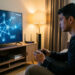 Jeune homme utilisant une console de jeu devant un téléviseur affichant des indicateurs abstraits de connexion réseau, avec une box Internet visible en arrière-plan.