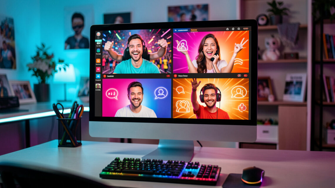 Écran d’ordinateur affichant plusieurs fenêtres colorées de diffusion gaming dans un studio lumineux, avec des animateurs et une représentation abstraite du public en ligne.