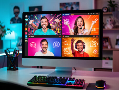 Écran d’ordinateur affichant plusieurs fenêtres colorées de diffusion gaming dans un studio lumineux, avec des animateurs et une représentation abstraite du public en ligne.