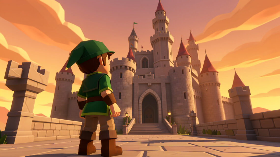 Un jeune aventurier vêtu de vert observe un grand château médiéval fantastique au coucher du soleil, dans une esthétique 3D rétro modernisée.