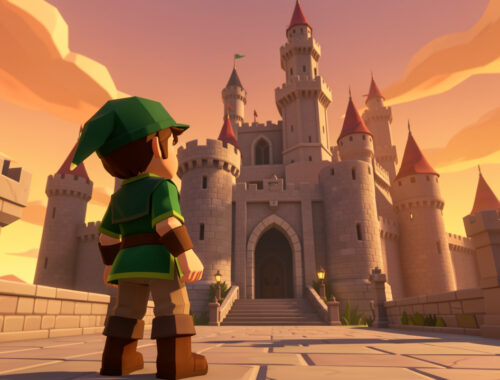 Un jeune aventurier vêtu de vert observe un grand château médiéval fantastique au coucher du soleil, dans une esthétique 3D rétro modernisée.