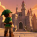 Un jeune aventurier vêtu de vert observe un grand château médiéval fantastique au coucher du soleil, dans une esthétique 3D rétro modernisée.