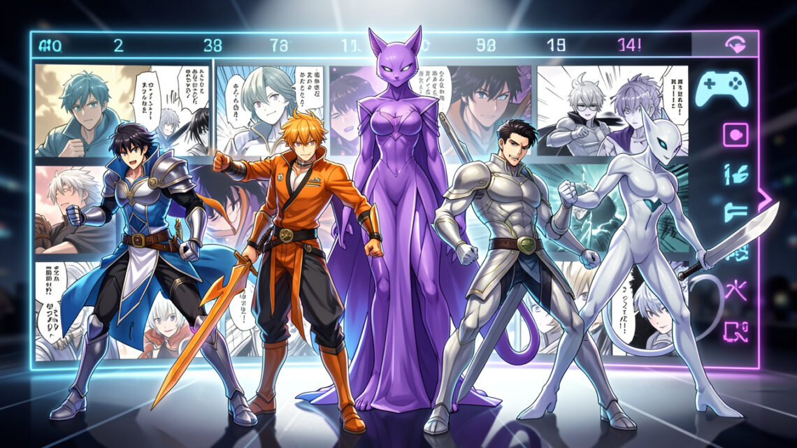 Illustration anime dynamique montrant quatre guerriers originaux, une divinité féline violette et un rival extraterrestre devant une frise chronologique lumineuse ornée d’icônes visuelles liées au manga, à l’animation et au jeu vidéo.