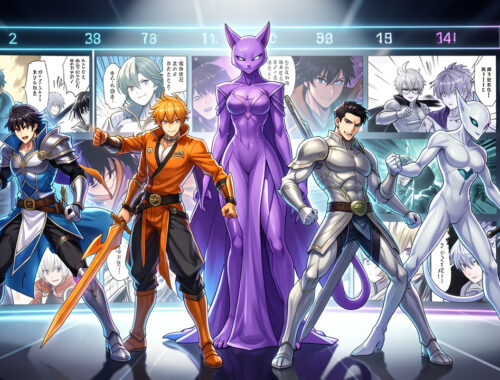 Illustration anime dynamique montrant quatre guerriers originaux, une divinité féline violette et un rival extraterrestre devant une frise chronologique lumineuse ornée d’icônes visuelles liées au manga, à l’animation et au jeu vidéo.
