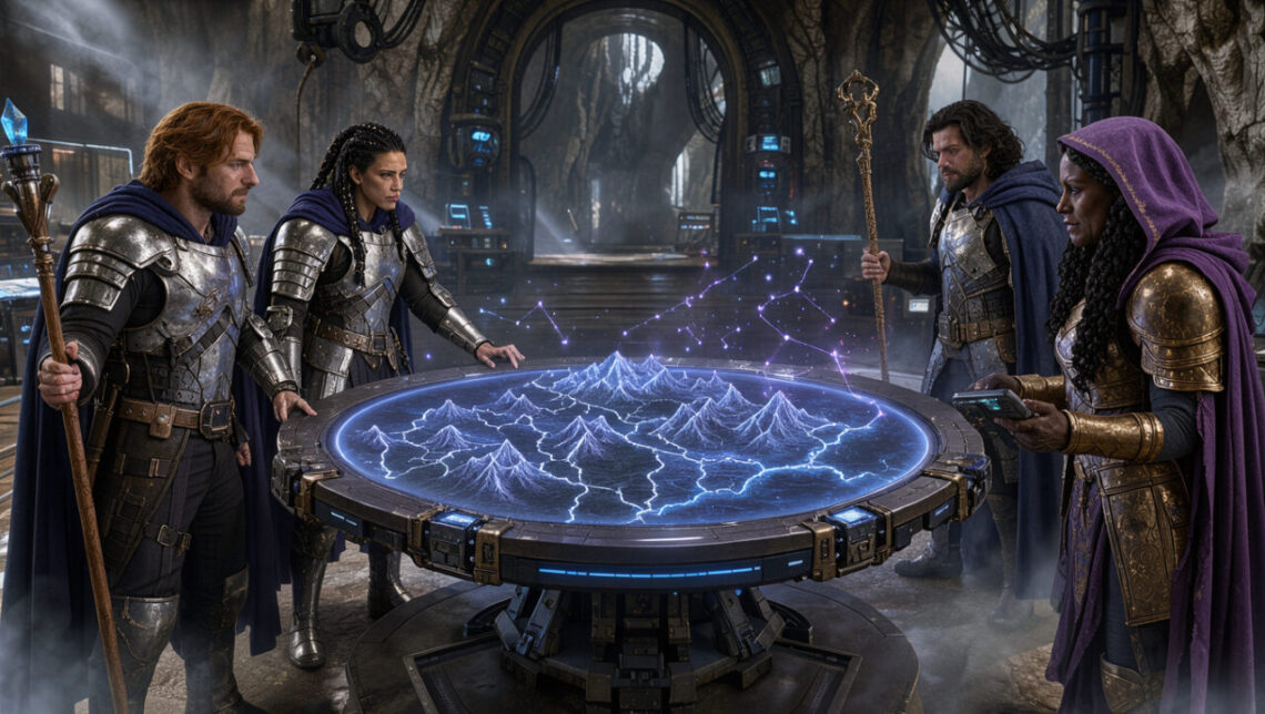 Un groupe de quatre héros d’un RPG occidental, deux femmes et deux hommes, observe ensemble une carte holographique lumineuse dans une salle mêlant technologie de science-fiction et éléments de fantasy.