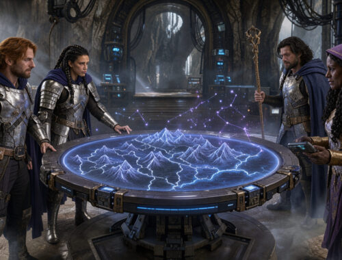 Un groupe de quatre héros d’un RPG occidental, deux femmes et deux hommes, observe ensemble une carte holographique lumineuse dans une salle mêlant technologie de science-fiction et éléments de fantasy.
