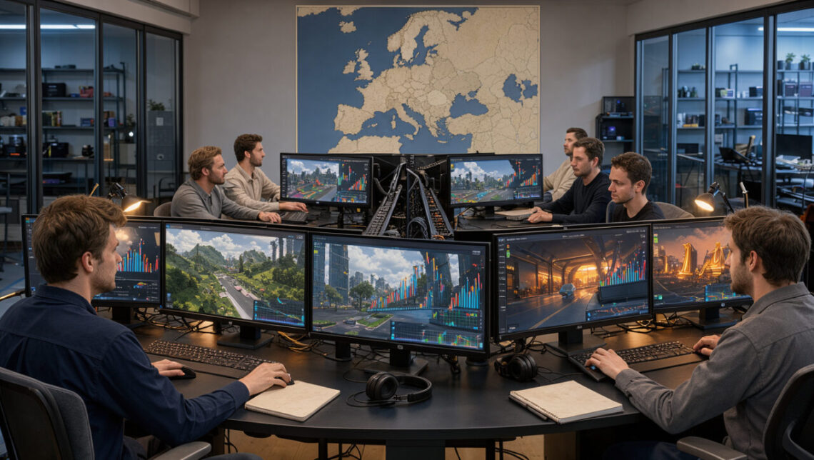 Studio européen de développement de jeux vidéo avec écrans de travail, graphiques financiers abstraits et carte non légendée de l’Europe dans une ambiance technologique sobre.