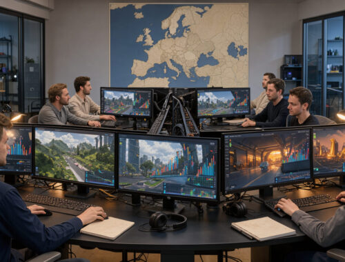 Studio européen de développement de jeux vidéo avec écrans de travail, graphiques financiers abstraits et carte non légendée de l’Europe dans une ambiance technologique sobre.
